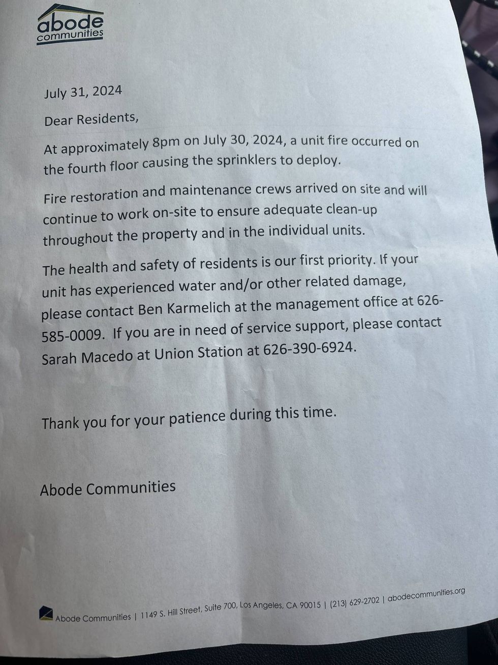 note from building management