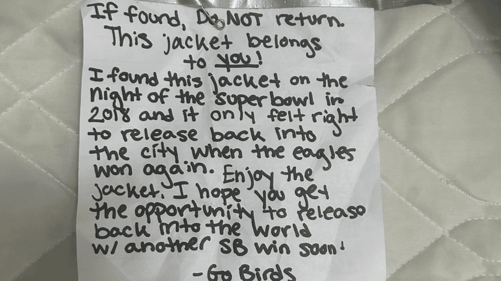 note inside eagles super bowl jacket Amy Rannabarger found at parade