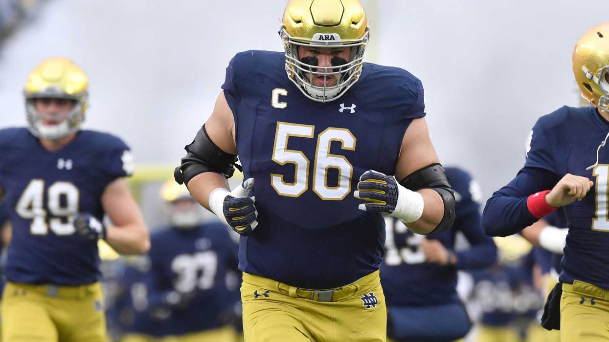 Notre Dame Fighting Irish offensive lineman Quenton Nelson (56) runs onto the field for the game against the Wake Forest Demon Deacons at Notre Dame Stadium.