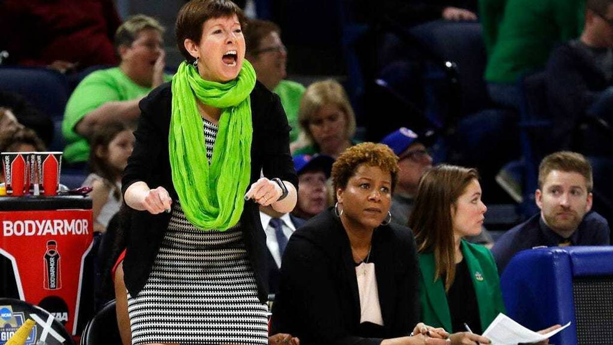 Notre Dame head coach Muffet McGraw yells during the first half of a regional semifinal game against the Texas A&M in the NCAA women's college basketball tournament, Saturday, March 30, 2019, in Chicago.