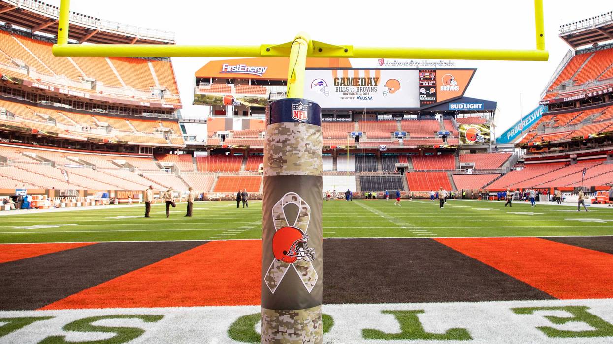 Nov 10, 2019; Cleveland, OH, USA; The Cleveland Browns and NFL Salute to Service emblem wraps the goal post for the game against the Buffalo Bills at FirstEnergy Stadium. Mandatory Credit: Scott R. Galvin-USA TODAY Sports