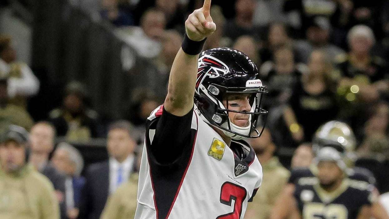 Nov 10, 2019; New Orleans, LA, USA; Atlanta Falcons quarterback Matt Ryan (2) celebrates after throwing a touchdown pass against the New Orleans Saints during the fourth quarter at the Mercedes-Benz Superdome. Mandatory Credit: Derick E. Hingle-USA TODAY