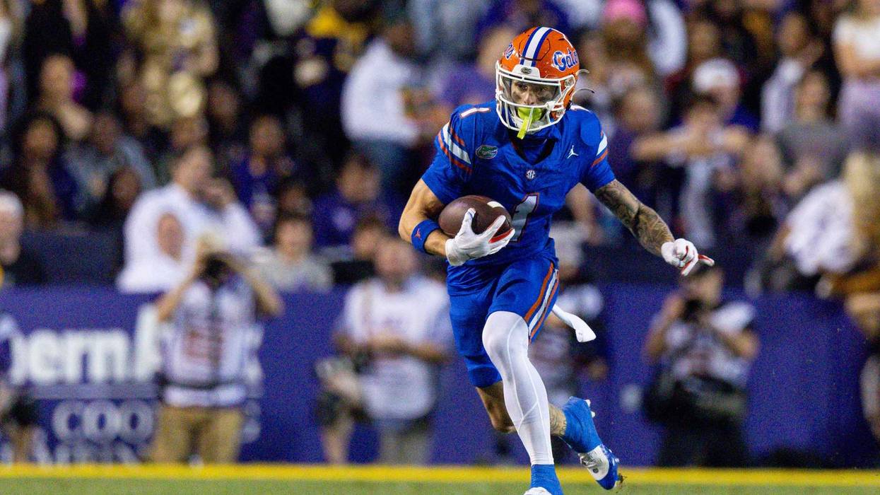 Nov 11, 2023; Baton Rouge, Louisiana, USA; Florida Gators wide receiver Ricky Pearsall (1) catches a pass against the LSU Tigers during the first half at Tiger Stadium.