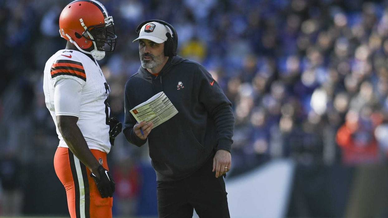 Nov 12, 2023; Baltimore, Maryland, USA; Cleveland Browns wide receiver Amari Cooper (2) speaks with head coach Kevin Stefanski during the first half against the Baltimore Ravens at M&T Bank Stadium. Mandatory Credit: Tommy Gilligan-USA TODAY Sports