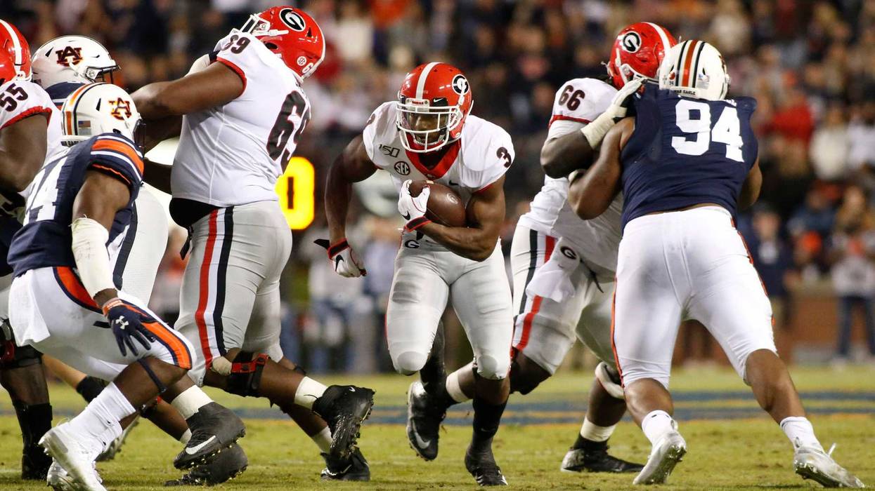 Nov 16, 2019; Auburn, AL, USA; Georgia Bulldogs tailback Zamir White (3) carries against the Auburn Tigers during the third quarter at Jordan-Hare Stadium. Mandatory Credit: John Reed-USA TODAY Sports