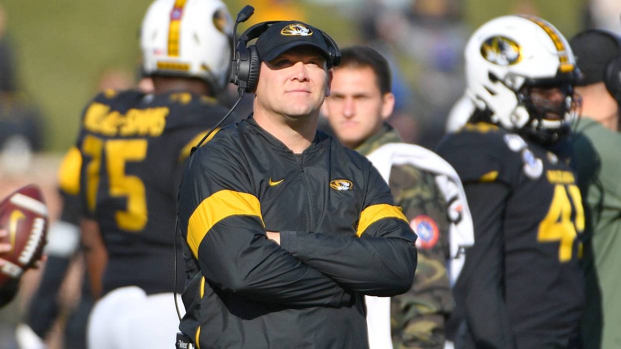Nov 16, 2019; Columbia, MO, USA; Missouri Tigers head coach Barry Odom watches the replay board during a play review in the second half against the Florida Gators at Memorial Stadium/Faurot Field. Denny Medley-USA TODAY Sports