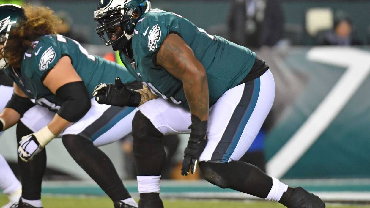 Nov 17, 2019; Philadelphia, PA, USA; Philadelphia Eagles offensive tackle Jason Peters (71) prepares for the snap against the New England Patriots at Lincoln Financial Field.