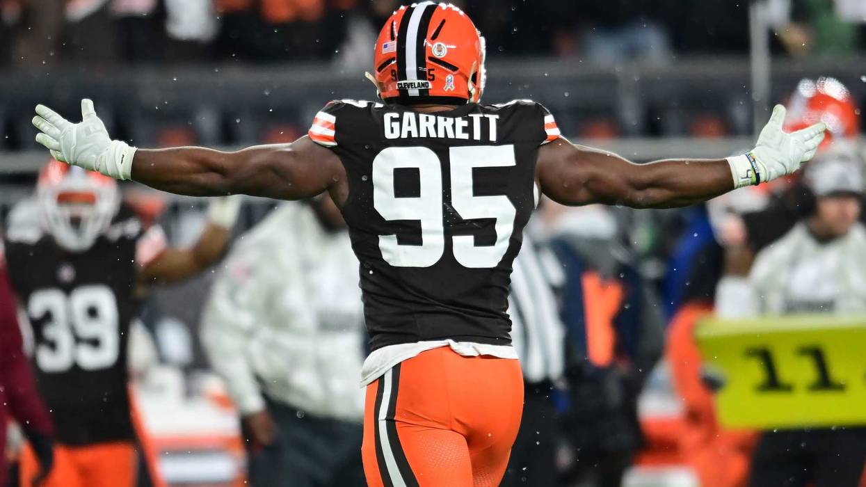 Nov 21, 2024; Cleveland, Ohio, USA; Cleveland Browns defensive end Myles Garrett (95) celebrates after sacking Pittsburgh Steelers quarterback Russell Wilson (not pictured) during the first half at Huntington Bank Field.