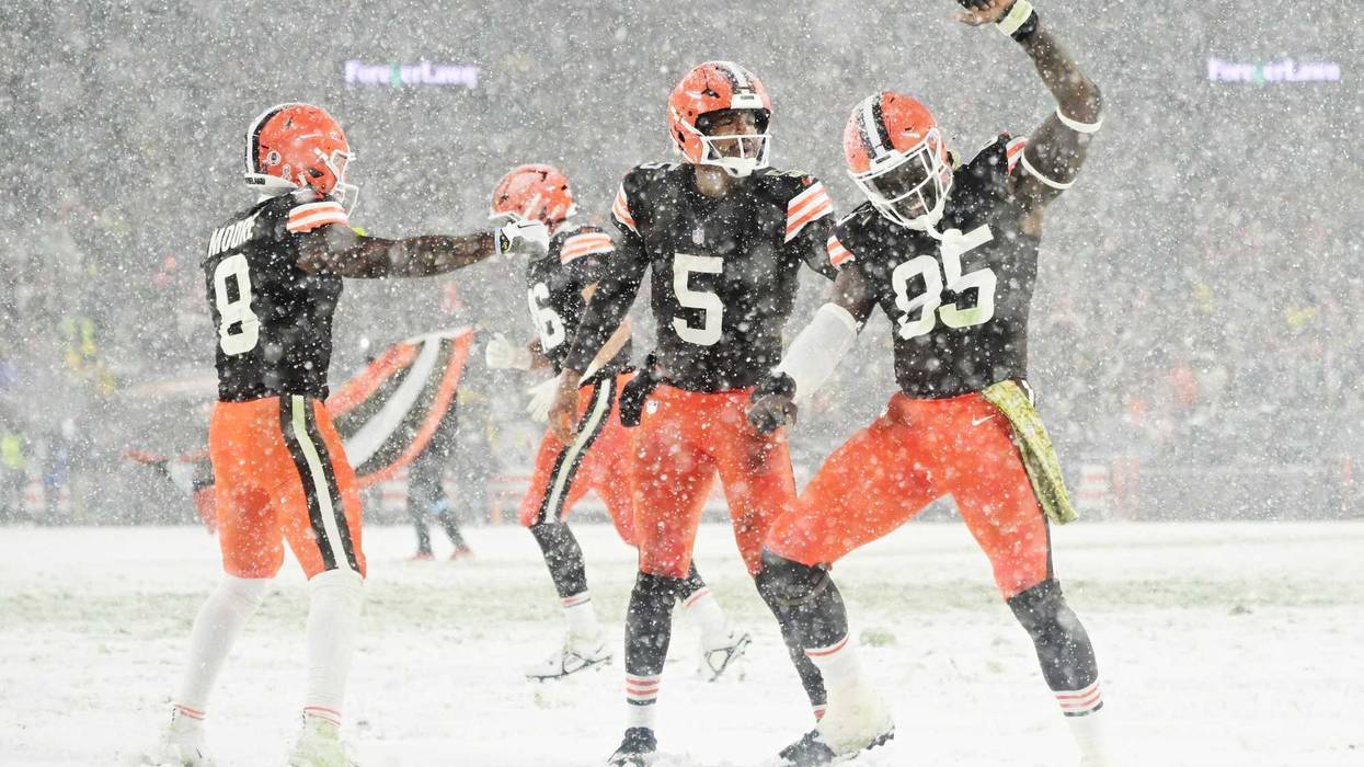 Nov 21, 2024; Cleveland, Ohio, USA; Cleveland Browns wide receiver Elijah Moore (8) and quarterback Jameis Winston (5) and tight end David Njoku (85) celebrate after Winston scored a touchdown during the second half against the Pittsburgh Steelers at Huntington Bank Field.