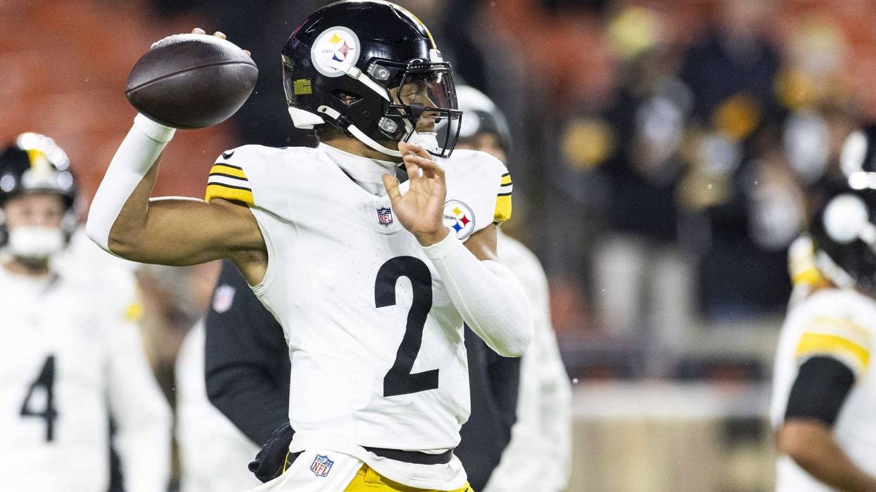 Nov 21, 2024; Cleveland, Ohio, USA; Pittsburgh Steelers quarterback Justin Fields (2) throws the ball during warm ups before the game against the Cleveland Browns at Huntington Bank Field Stadium.