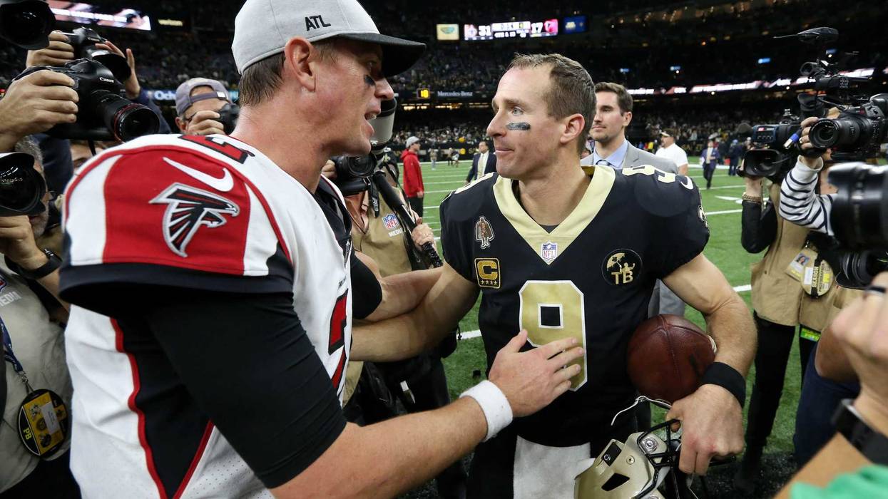 Nov 22, 2018; New Orleans, LA, USA; Atlanta Falcons quarterback Matt Ryan (2) and New Orleans Saints quarterback Drew Brees (9) talk after their game at the Mercedes-Benz Superdome. Mandatory Credit: Chuck Cook-USA TODAY Sports