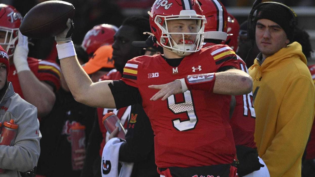 Nov 23, 2024; College Park, Maryland, USA; Maryland Terrapins quarterback Billy Edwards Jr. (9) throws during the first half against the Iowa Hawkeyes at SECU Stadium. Mandatory Credit: Tommy Gilligan-Imagn Images