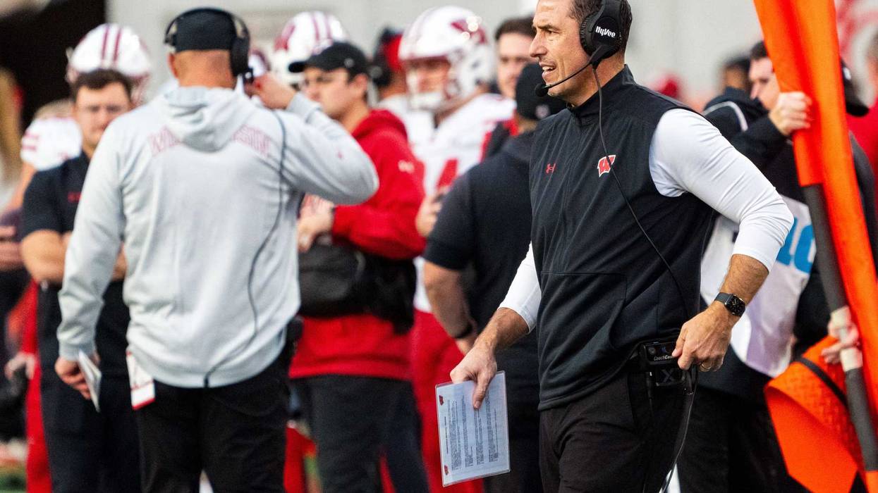 Nov 23, 2024; Lincoln, Nebraska, USA; Wisconsin Badgers head coach Luke Fickell coaches against the Nebraska Cornhuskers during the third quarter at Memorial Stadium. Mandatory Credit: Dylan Widger-Imagn Images