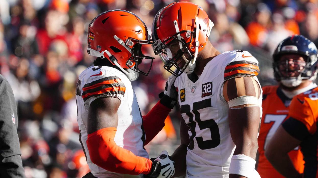 Nov 26, 2023; Denver, Colorado, USA; Cleveland Browns defensive end Myles Garrett (95) and linebacker Anthony Walker Jr. (5) during the first quarter against the Denver Broncos at Empower Field at Mile High
