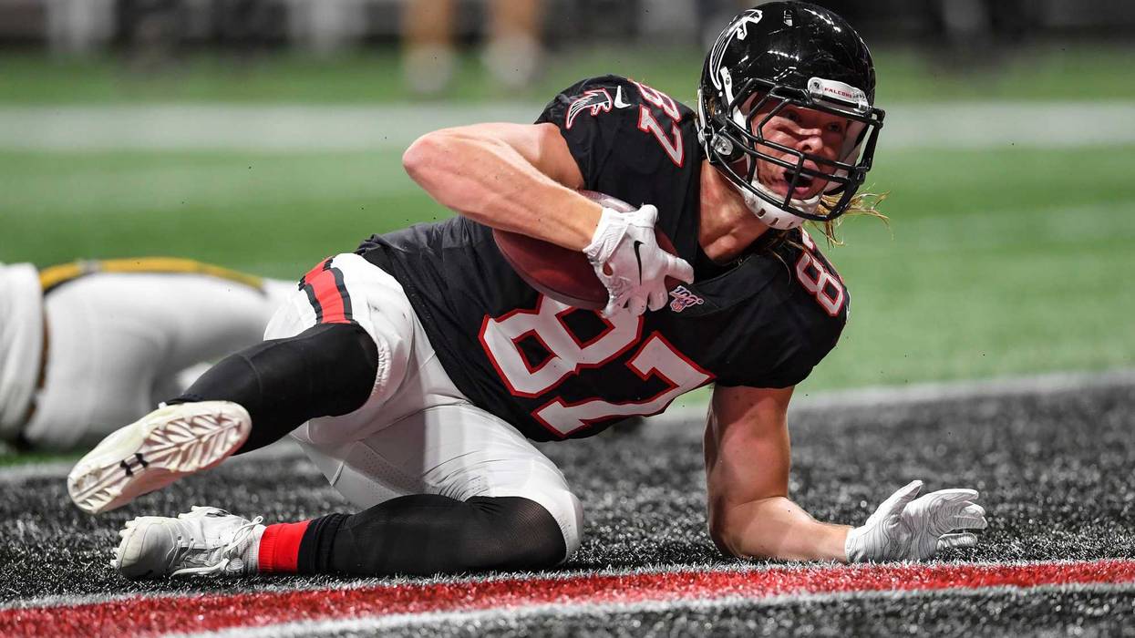 Nov 28, 2019; Atlanta, GA, USA; Atlanta Falcons tight end Jaeden Graham (87) reacts after catching a touchdown pass against the New Orleans Saints during the first half at Mercedes-Benz Stadium. Mandatory Credit: Dale Zanine-USA TODAY Sports