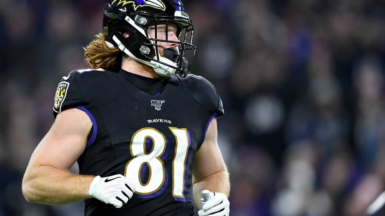 Nov 3, 2019; Baltimore, MD, USA; Baltimore Ravens tight end Hayden Hurst (81) runs a route during the second quarter against the New England Patriots at M&T Bank Stadium. Mandatory Credit: Douglas DeFelice-USA TODAY Sports