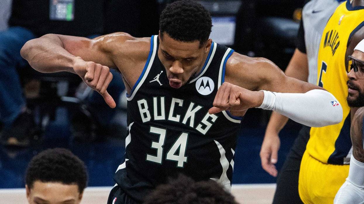Nov 3, 2025; Indianapolis, Indiana, USA; Milwaukee Bucks forward Giannis Antetokounmpo (34) taunts the Indiana Pacers fans after a basket in the first half at Gainbridge Fieldhouse. Mandatory Credit: Trevor Ruszkowski-Imagn Images