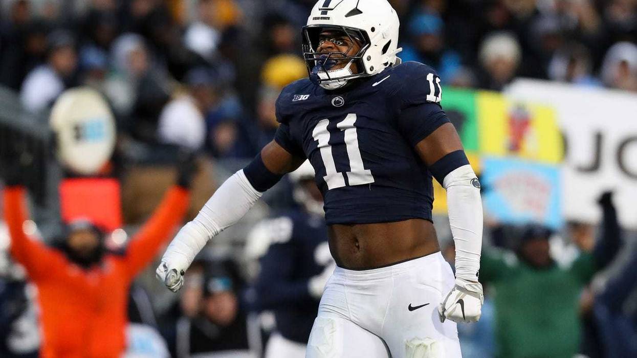 Nov 30, 2024; University Park, Pennsylvania, USA; (Editors Notes: Caption Correction) Penn State Nittany Lions defensive end Abdul Carter (11) reacts after sacking Maryland Terrapins quarterback MJ Morris (not pictured) during the first quarter at Beaver Stadium.
