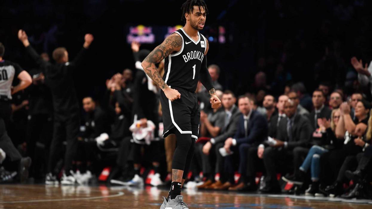 Nov 4, 2018; Brooklyn, NY, USA; Brooklyn Nets guard D'Angelo Russell (1) reacts in the fourth quarter against the Philadelphia 76ers at Barclays Center. Mandatory Credit: Catalina Fragoso-USA TODAY Sports