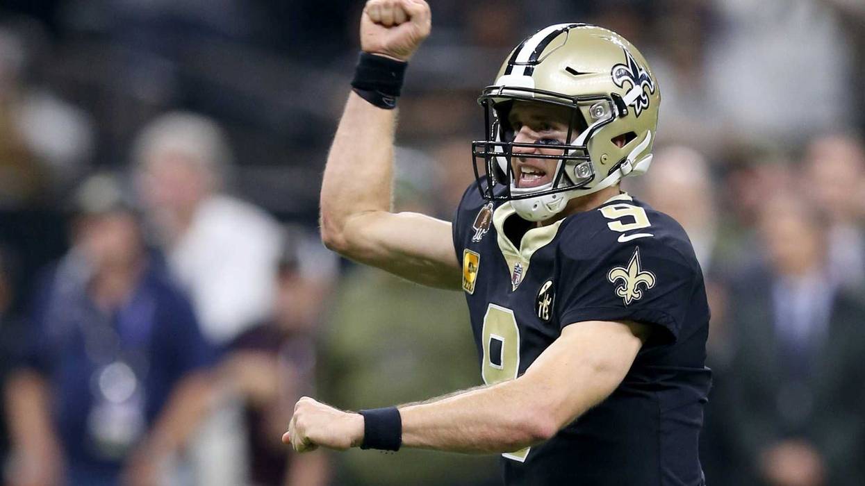 Nov 4, 2018; New Orleans, LA, USA; New Orleans Saints quarterback Drew Brees (9) gestures after a touchdown in the second quarter against the Los Angeles Rams at the Mercedes-Benz Superdome. Mandatory Credit: Chuck Cook-USA TODAY Sports