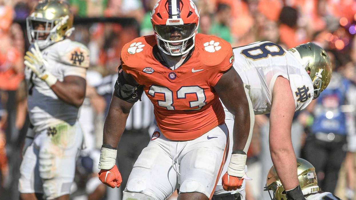 Nov 4, 2023; Clemson, South Carolina, USA; Clemson Tigers defensive tackle Ruke Orhorhoro (33) celebrates after a tackle against the Notre Dame Fighting Irish during the fourth quarter at Memorial Stadium.