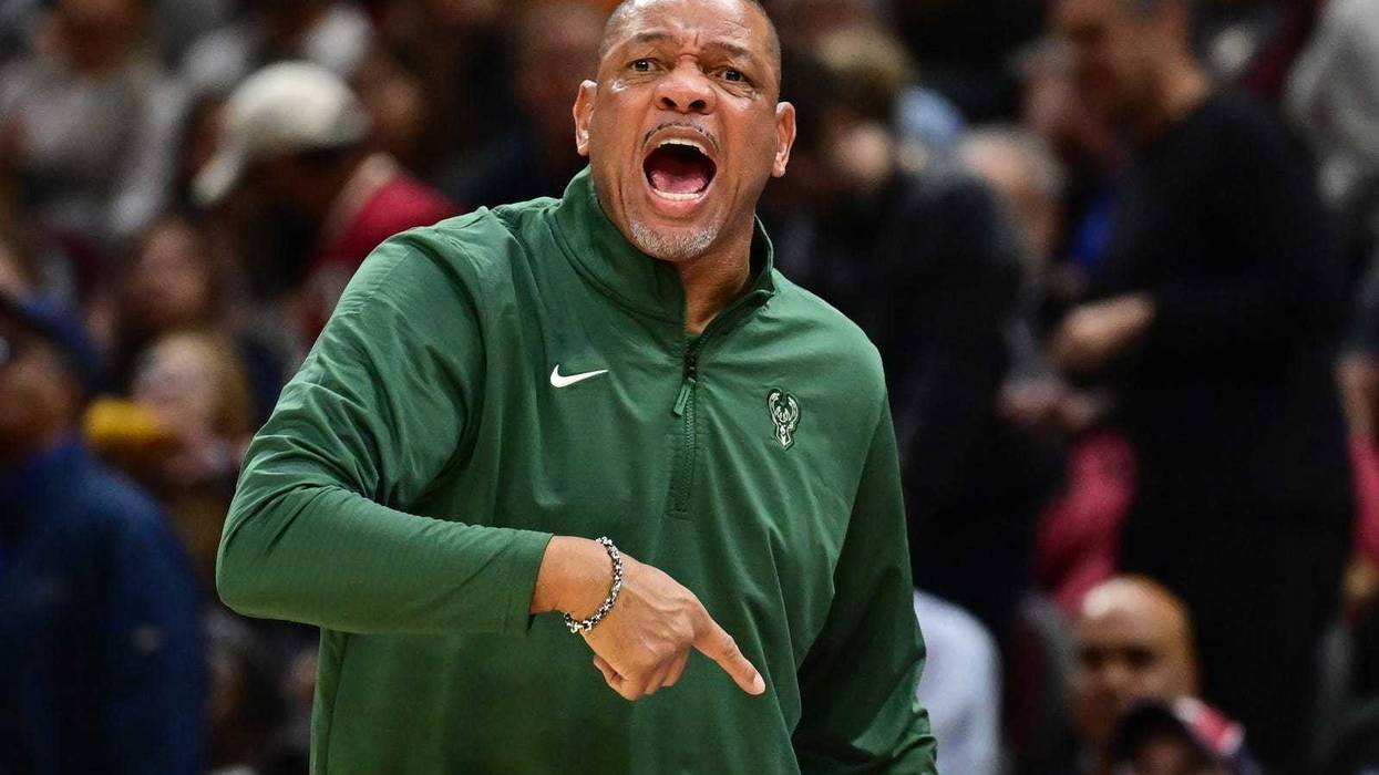 Nov 4, 2024; Cleveland, Ohio, USA; Milwaukee Bucks head coach Doc Rivers reacts during the first half against the Cleveland Cavaliers at Rocket Mortgage FieldHouse. Mandatory Credit: Ken Blaze-Imagn Images