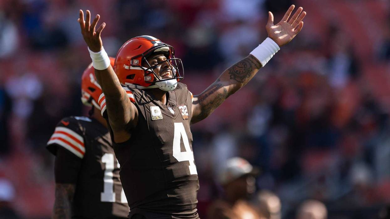 Nov 5, 2023; Cleveland, Ohio, USA; Cleveland Browns quarterback Deshaun Watson (4) celebrates during warm ups before the game against the Arizona Cardinals at Cleveland Browns Stadium. Mandatory Credit: Scott Galvin-USA TODAY Sports