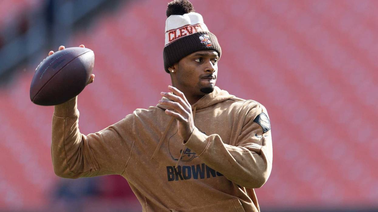 Nov 5, 2023; Cleveland, Ohio, USA; Cleveland Browns quarterback Deshaun Watson (4) throws the ball during warm ups before the game against the Arizona Cardinals at Cleveland Browns Stadium