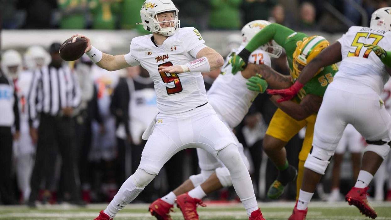 Nov 9, 2024; Eugene, Oregon, USA; Maryland Terrapins quarterback Billy Edwards Jr. (9) throws a pass during the first half against the Oregon Ducks at Autzen Stadium. Mandatory Credit: Troy Wayrynen-Imagn Images