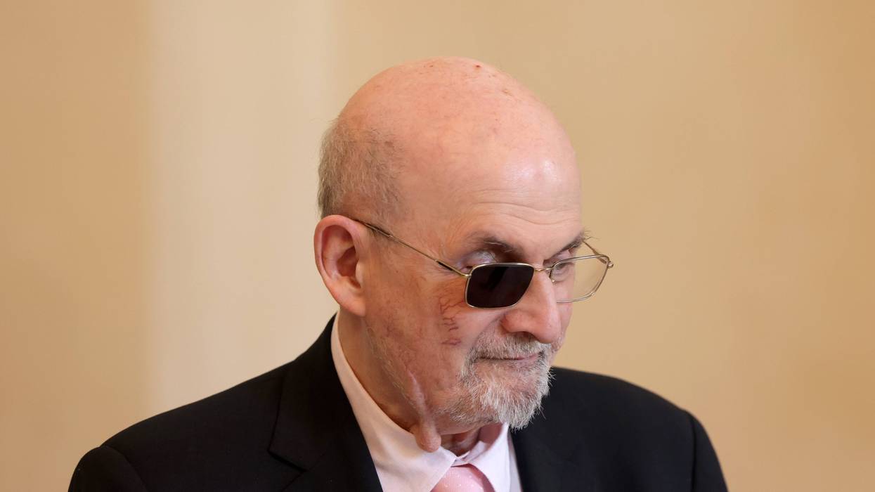 Novelist Salman Rushdie arrives at Schloss Bellevue presidential palace to meet with German President Frank-Walter Steinmeier on May 16, 2024 in Berlin, Germany.
