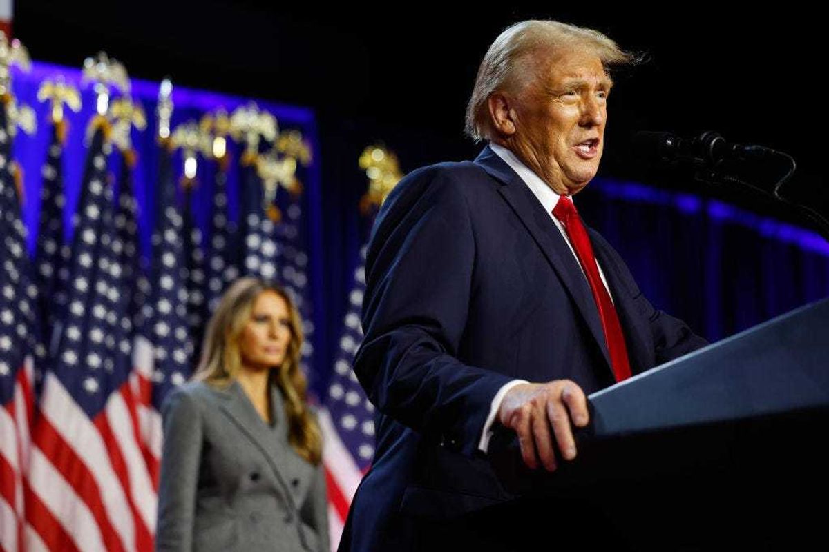 NOVEMBER 06: Republican presidential nominee, former U.S. President Donald Trump speaks during an election night event at the Palm Beach Convention Center on November 06, 2024 in West Palm Beach, Florida.