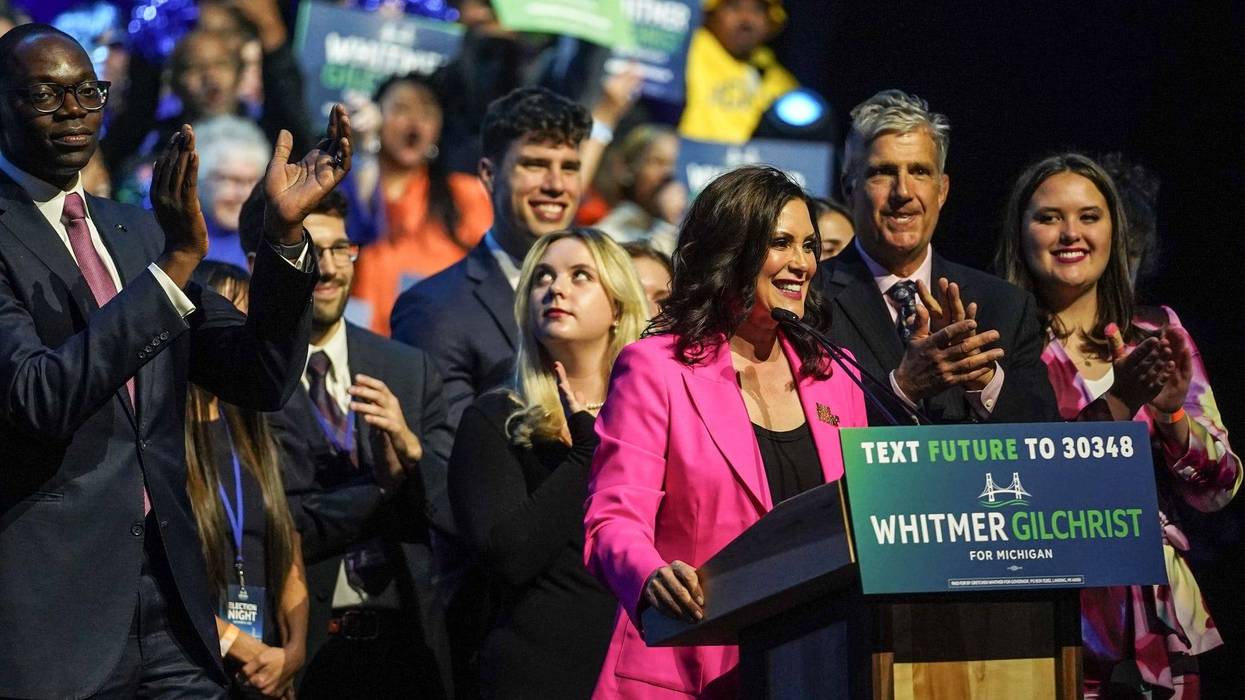 November, 8, 2022; Detroit, MI, USA; Governor Gretchen Whitmer speaks to a crowd while celebrating her re-election during the Michigan Democratic watch party for the midterm elections at the Motor City Casino Sound Board in Detroit on Tuesday, November 8, 2022