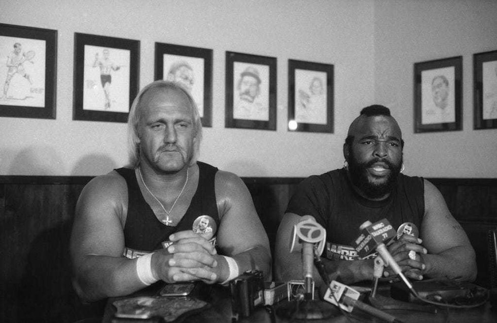 Now the WWF heavyweight champion, Hulk Hogan, left, and Mr. T. appear at a news conference on March 18, 1985, in New York