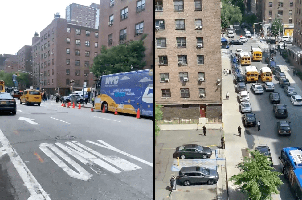 Numerous police officers were seen in the area of 411 West 18 St. in Chelsea on Thursday afternoon following the gunfire. A COVID-19 vaccine bus was reportedly struck