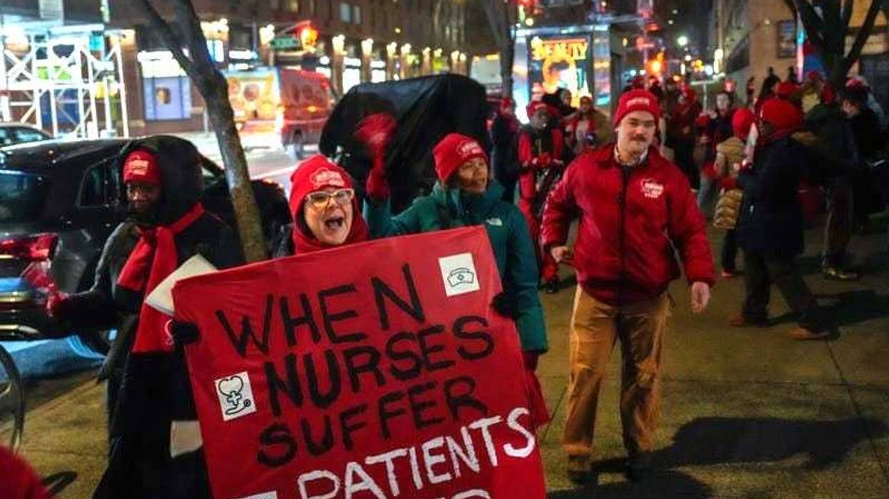 Nurses strike outside Mount Sinai West Hospital, Monday, Jan. 12, 2026, in New York