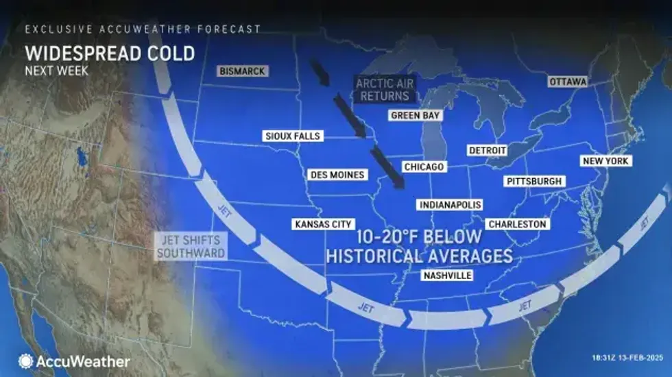 NWS map showing cold temps next week