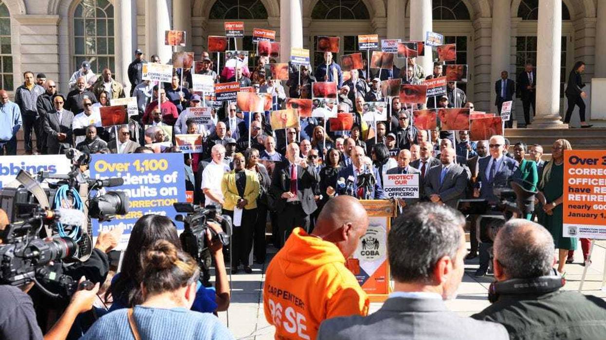 NY Corrections officers gather for a rally outside of City Hall before the start of a City Council hearing on Intro 549 on September 28, 2022 in New York City.