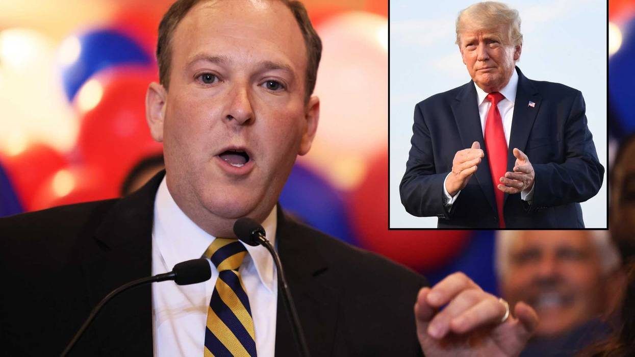 NY GOP candidate for governor, Rep. Lee Zeldin, speaks during his election night party at the Coral House on June 28, 2022 in Baldwin, New York. Inset: Donald Trump at a rally in Mendon, Illinois, on June 25, 2022