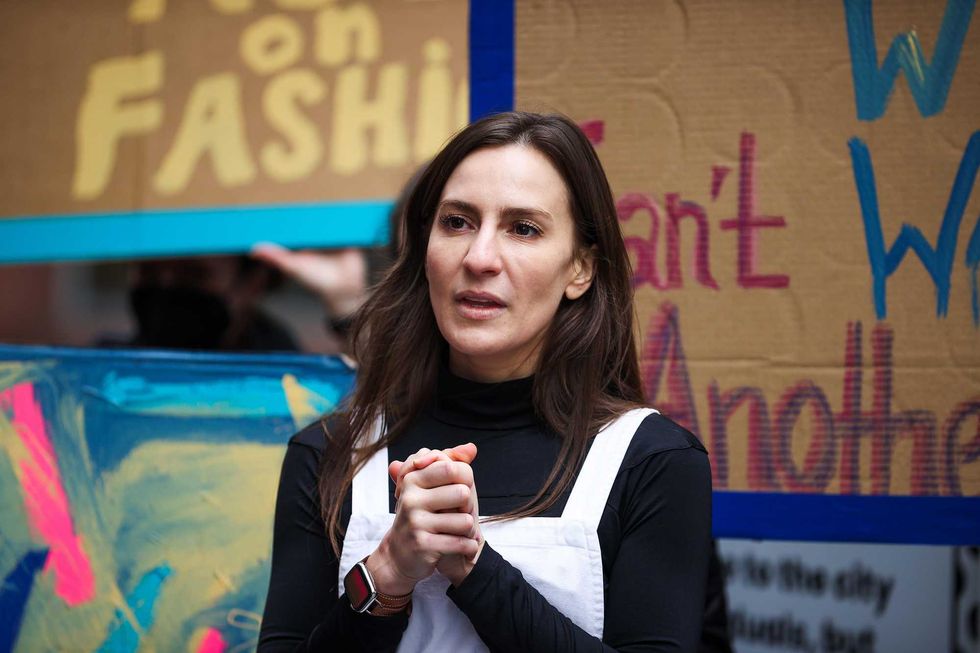 NY State Senator Alessandra Biaggi attends The Fashion Act Rally held by the Button and Needle Sculpture in Manhattan of New York City, United States on February 12, 2022 to protest climate change and on fashion coalition to demand end to fashion
