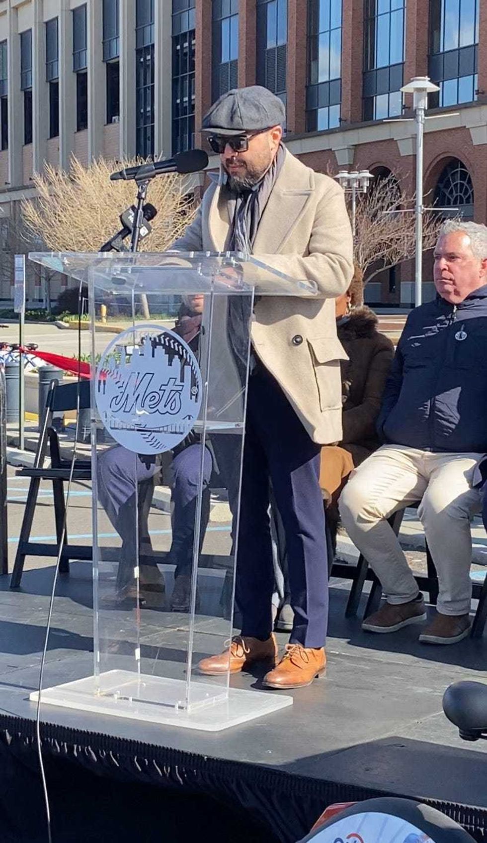 NYC councilor Francisco Moya speaks at the ribbon cutting for the installation of Citi Bike at Citi Field on March 21, 2024.