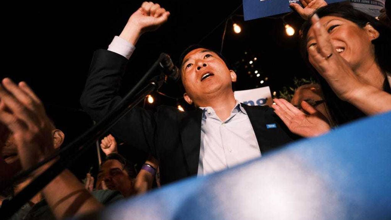 NYC Mayoral candidate Andrew Yang greets supporters as he concedes his campaign on June 22, 2021.