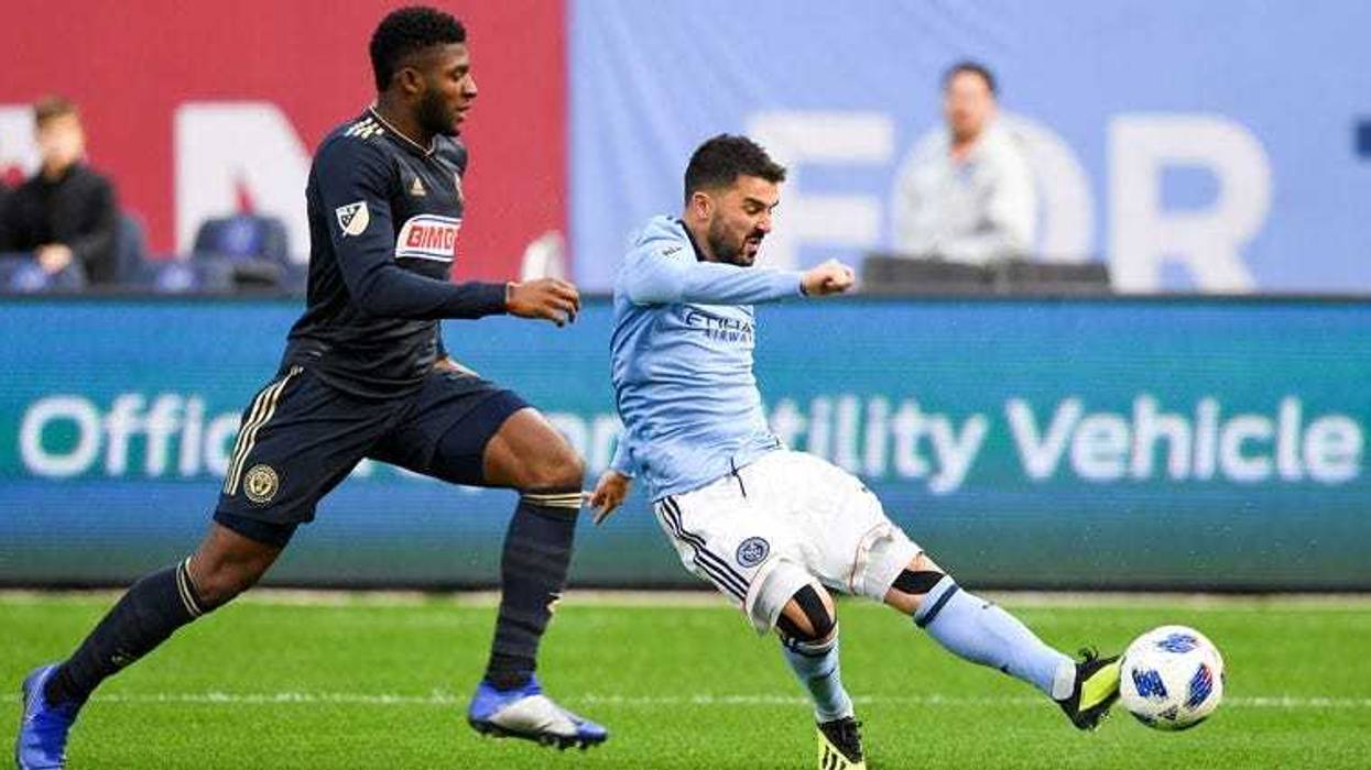 NYCFC forward David Villa attempts a shot defended by Philadelphia Union defender Mark McKenzie on Oct. 28, 2018, at Yankee Stadium.