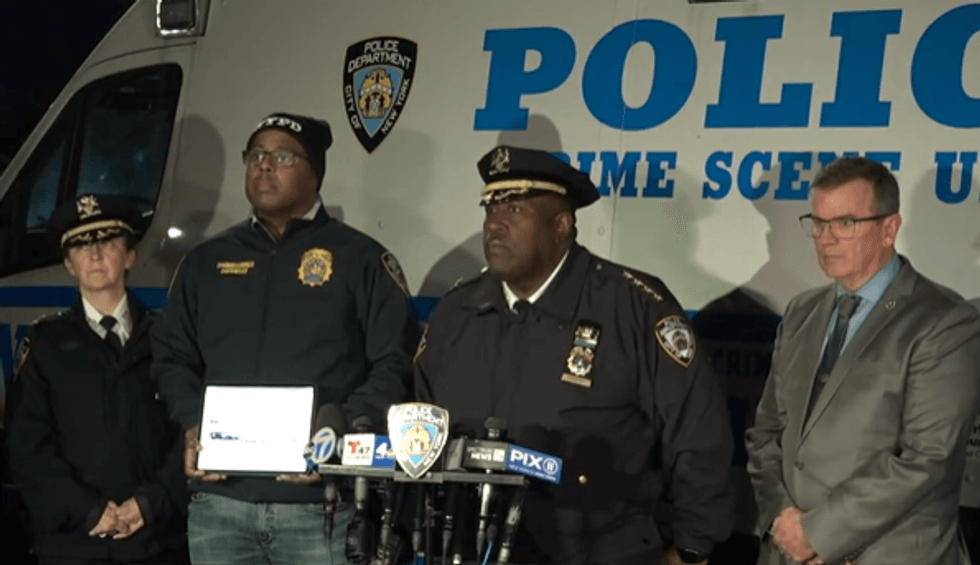 NYPD Chief of Department Jeffrey Maddrey and other law enforcement officials at a press conference regarding Friday