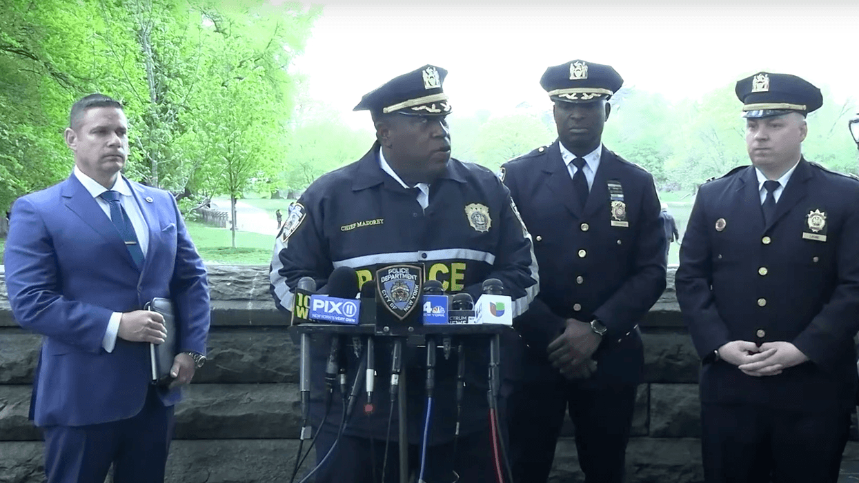 NYPD Chief of Department Jeffrey Maddrey (center) addresses the media at a news conference in Central Park on April 30, 2024