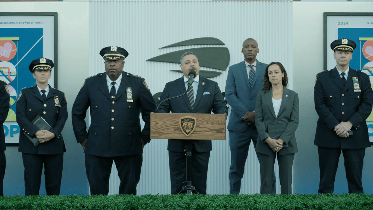 NYPD Commissioner Edward Caban (center) joined other NYPD officials for a security briefing Monday on the U.S. Open