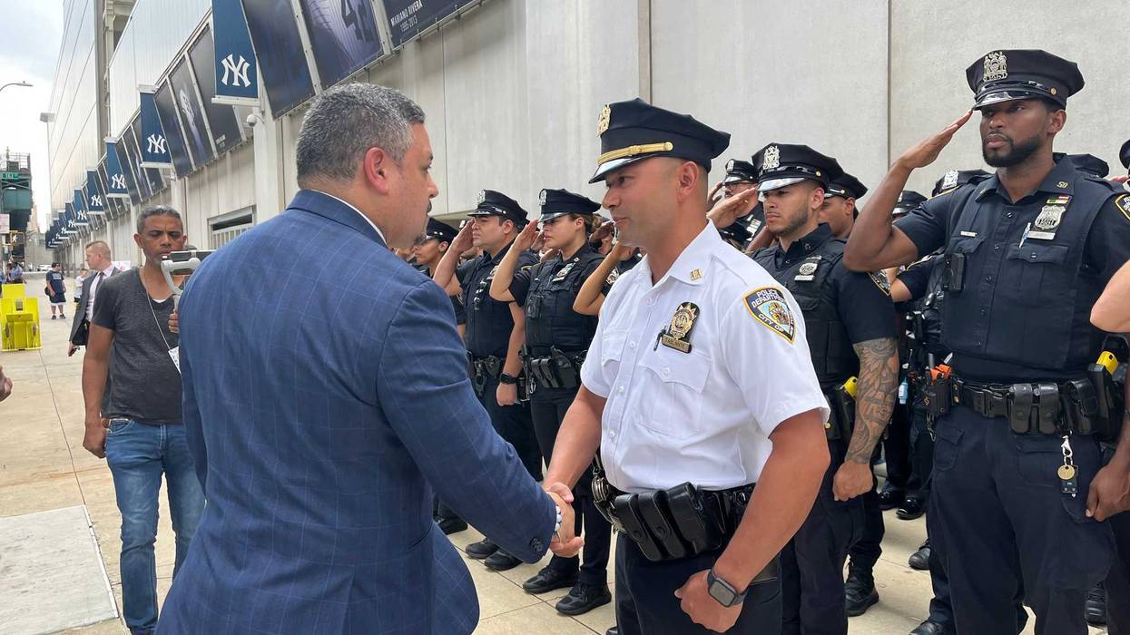 NYPD commissioner Edward Caban meets with officers patroling around Yankee Stadium on July 25, 2023.