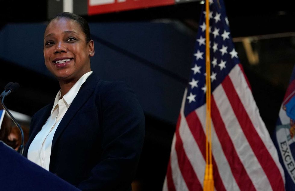 NYPD Commissioner Keechant Sewell speaks at a press conference at the Fulton Street Station January 6, 2022.