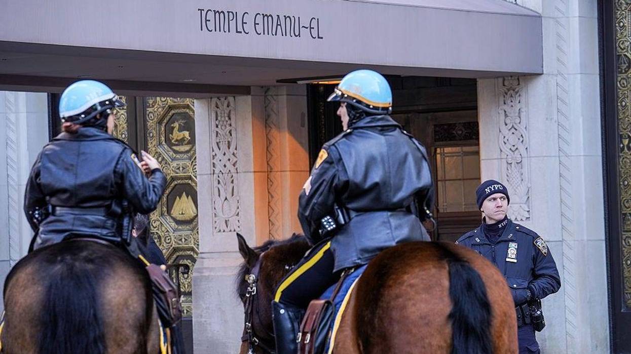 NYPD officers stand guard outside of Temple Emanu-El on Feb. 28, 2026 in New York City. U.S. President Donald Trump announced that the United States and Israel had launched an attack on Iran Saturday morning.
