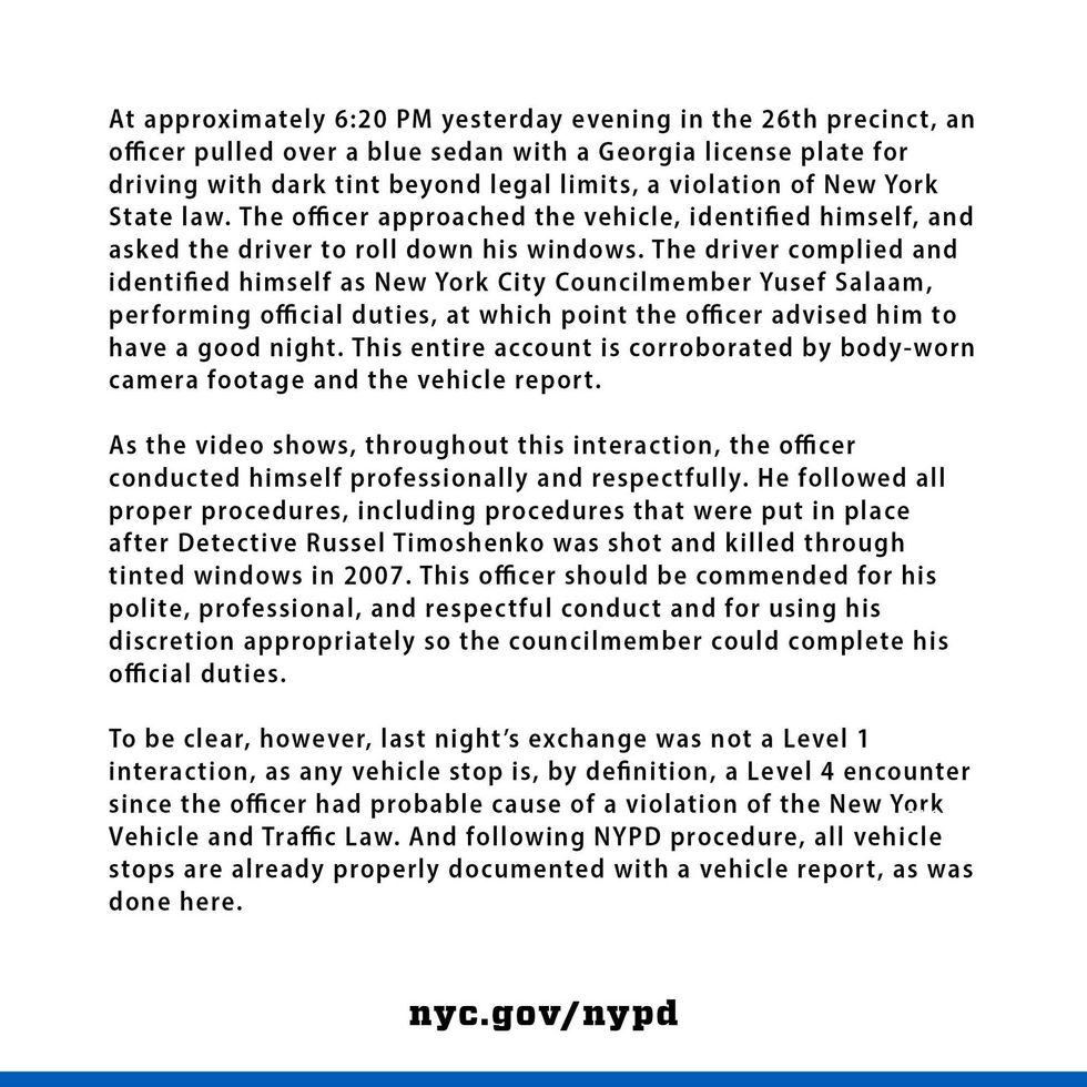 NYPD statement in response to Councilman Yusef Salaam