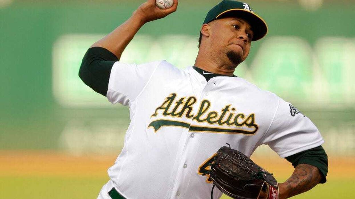 Oakland Athletics pitcher Frankie Montas works against the Tampa Bay Rays during the first inning of a baseball game Thursday, June 20, 2019, in Oakland, Calif.